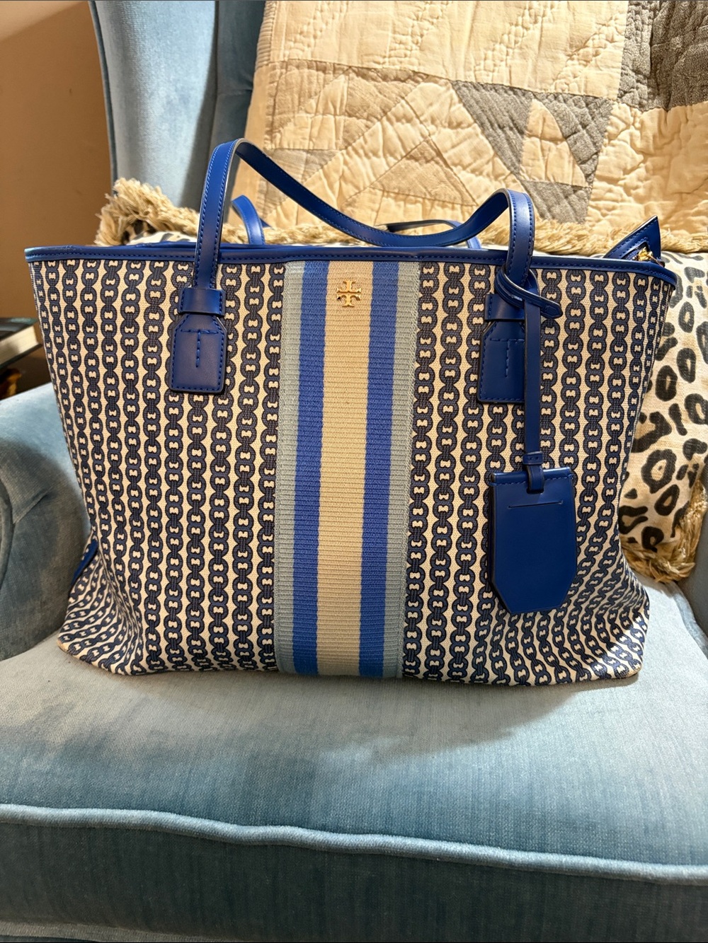 Tory Burch Blue and Cream Gemini Link Canvas Tote